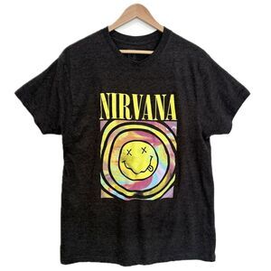 Nirvana Smiley Face Graphic Tee Womens Size XL Charcoal Grey Rainbow Tie Dye
